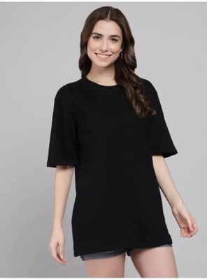 etsun Solid Women Round Neck Black T-Shirt