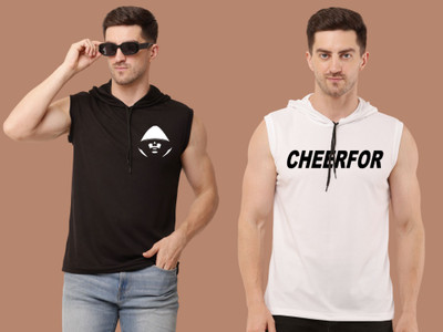 Mundali Printed Men Hooded Neck Black, White T-Shirt