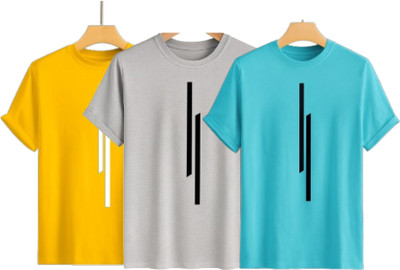 Misty Creation Striped, Solid Men Round Neck Yellow, Grey, Light Green T-Shirt