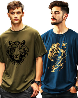 ENITOR Printed Men Round Neck Dark Blue, Green T-Shirt