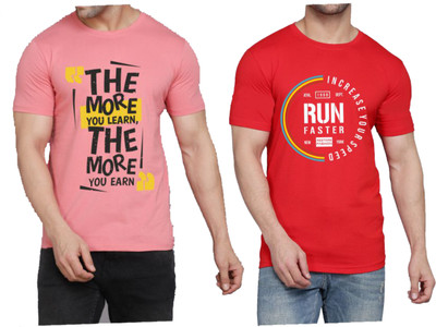 WOOSTRO Printed Men Round Neck Pink, Red T-Shirt