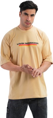 LivinSessions Printed Men Round Neck Reversible Beige T-Shirt