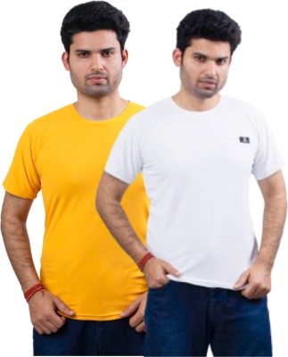 swastika vastram Solid Men Round Neck White, Yellow T-Shirt