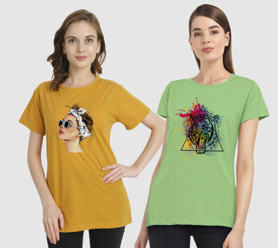 CHOZI Printed Women Round Neck Yellow, Dark Green T-Shirt