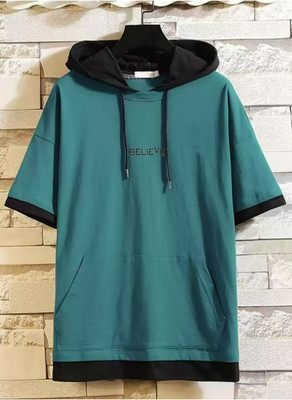 Bell Paper Solid Men Hooded Neck Green T-Shirt