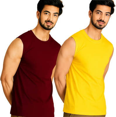 Moordale Solid Men Round Neck Maroon, Yellow T-Shirt