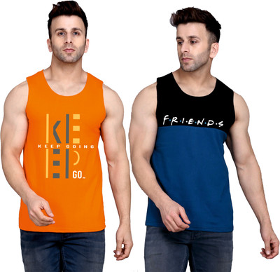 SLOWLORIS Printed Men Round Neck Orange, Black, Dark Blue T-Shirt