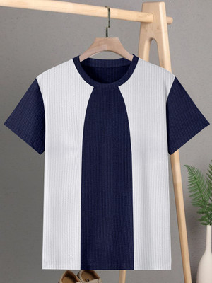 TANNU FAB Self Design Men Boat Neck Blue T-Shirt