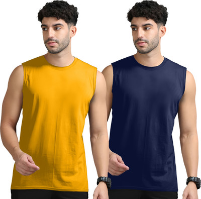 Jangoboy Solid Men Round Neck Yellow, Dark Blue T-Shirt