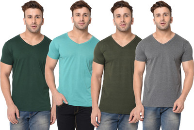 JB Jagoboy Self Design, Solid Men V Neck Dark Green, Light Blue, Grey T-Shirt