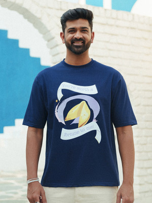 MANIAC Printed Men Round Neck Dark Blue T-Shirt