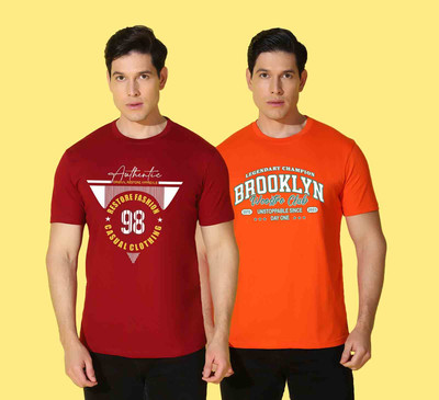 WOOSTRO Printed Men Round Neck Maroon, Orange T-Shirt
