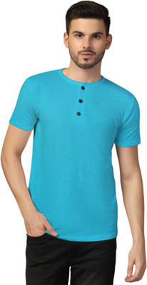 GEUM Solid Men Henley Neck Light Green T-Shirt