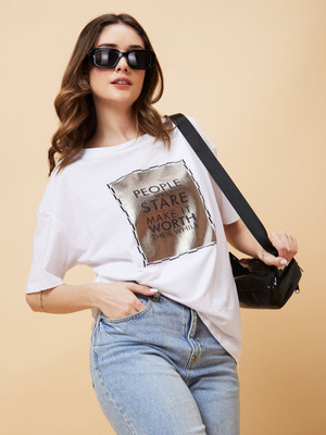 Globus Printed, Typography Women Round Neck White T-Shirt