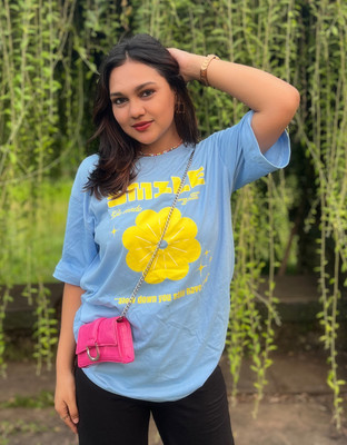 JUNEBERRY Printed Women Round Neck Light Blue T-Shirt