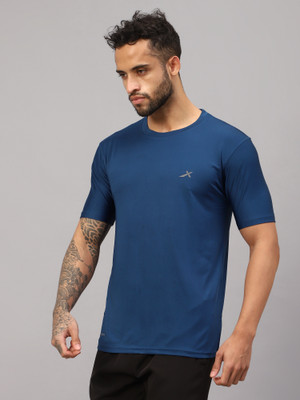 VECTOR X Solid Men Round Neck Navy Blue T-Shirt