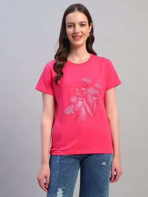 CANTABIL Printed Women Round Neck Pink T-Shirt