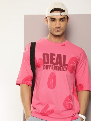 Kook N Keech Printed, Typography Men Round Neck Pink T-Shirt