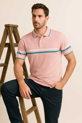 Austin Wood Striped Men Polo Neck Pink T-Shirt