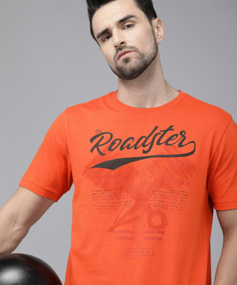 Roadster Printed Men Round Neck Orange T-Shirt