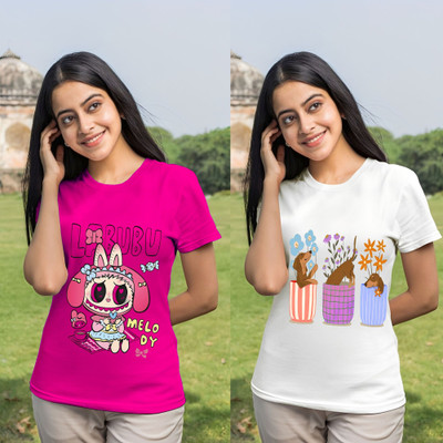Kintu Parantu Cartoon Women Round Neck Pink T-Shirt