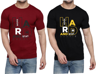 WOOSTRO Printed Men Round Neck Maroon, Black T-Shirt