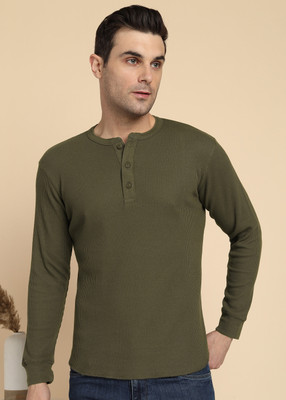 Alan Jones Solid Men Henley Neck Dark Green T-Shirt