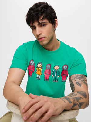 The Souled Store Printed Men Round Neck Green T-Shirt