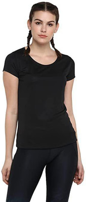 ARCADIAN THREADS Solid Women Round Neck Black T-Shirt