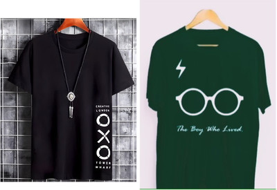 TEE TREE Printed, Graphic Print Men Round Neck Black, Dark Green T-Shirt
