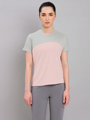 TECHNOSPORT Colorblock Women Round Neck Pink T-Shirt