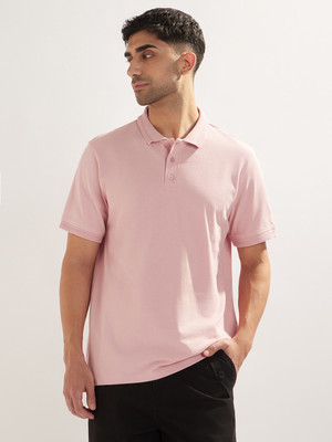 NOBERO Solid Men Polo Neck Pink T-Shirt
