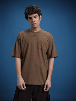 Roadster Solid Men Round Neck Brown T-Shirt