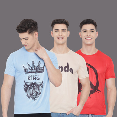 InkTees Printed Men Round Neck Blue, Red, Beige T-Shirt