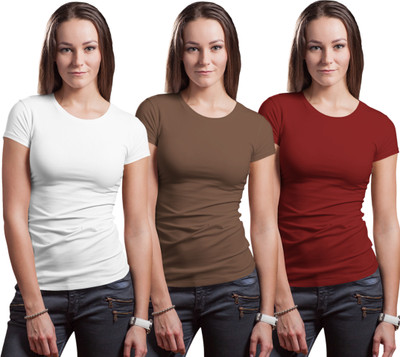Stylewill Solid Women Round Neck White, Brown, Maroon T-Shirt