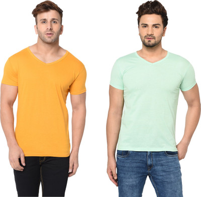 Moordale Fab Solid Men V Neck Yellow, Light Green T-Shirt