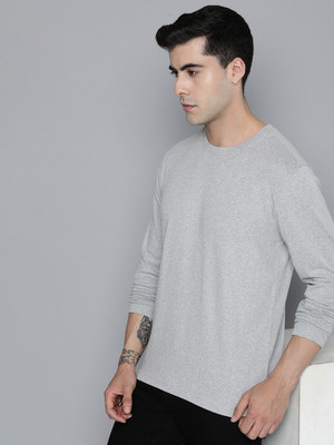 ether Solid Men Round Neck Grey T-Shirt