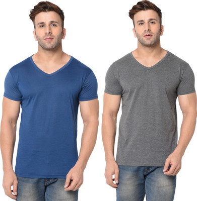 JB Jangoboy Solid Men V Neck Dark Blue, Grey T-Shirt