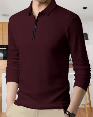 EyeBogler Solid Men Polo Neck Red T-Shirt