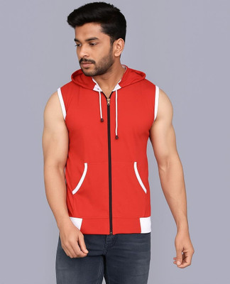 VASTRAART Solid, Sporty Men Hooded Neck Red, White T-Shirt