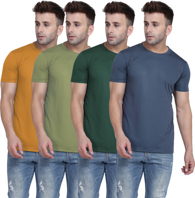 TQH Pack Of 4 Men Solid Round Neck Polyester Yellow, Light Green, Green, Grey T-Shirt For Rs. 499 @ 75 %