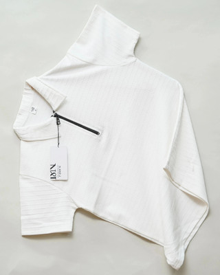 N AND J Solid, Self Design Men Zip Neck White T-Shirt