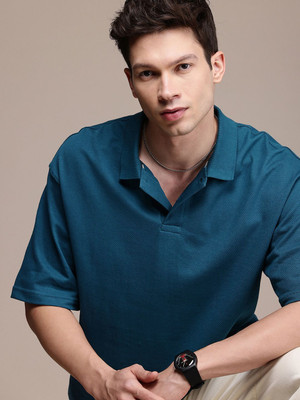 WROGN Self Design Men Polo Neck Blue T-Shirt