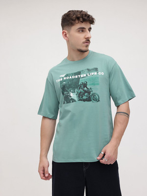 Roadster Printed Men Round Neck Blue T-Shirt