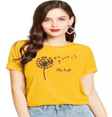 SAHAL FASHION Printed Women Round Neck Yellow T-Shirt