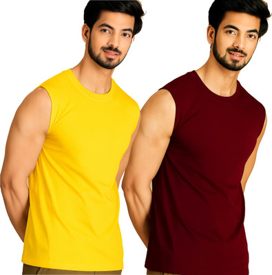 Adorbs Solid Men Round Neck Yellow, Maroon T-Shirt