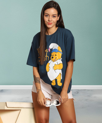 DreamBe Cartoon Women Round Neck Dark Blue T-Shirt