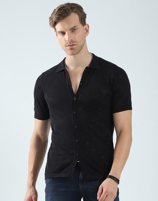 MONTE CARLO Self Design Men Polo Neck Black T-Shirt