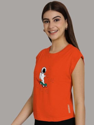 FRISKERS Printed Women Round Neck Orange T-Shirt