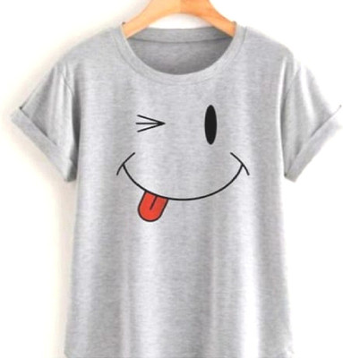 EJIS Printed Women Round Neck Grey T-Shirt